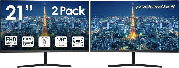 Packard Bell airFrame 21" FHD Monitor, 1920x1080, Ultrawide, VESA Mount, Tilt Adjust, HDMI/VGA, Slim Bezel, for Home, Office, and Light Gaming - 2 Pack