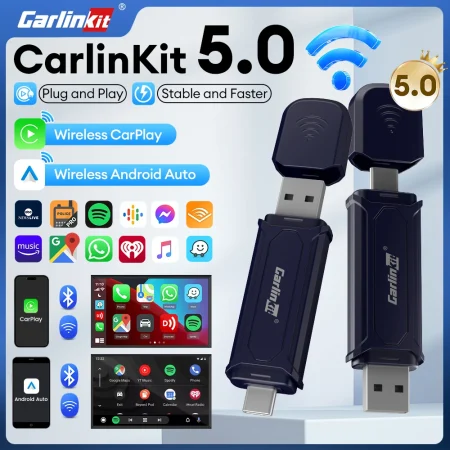 NEW 2In1 CarlinKit 5.0 Mini Wireless Android Auto Wireless CarPlay Adapter Smart USB Dongle