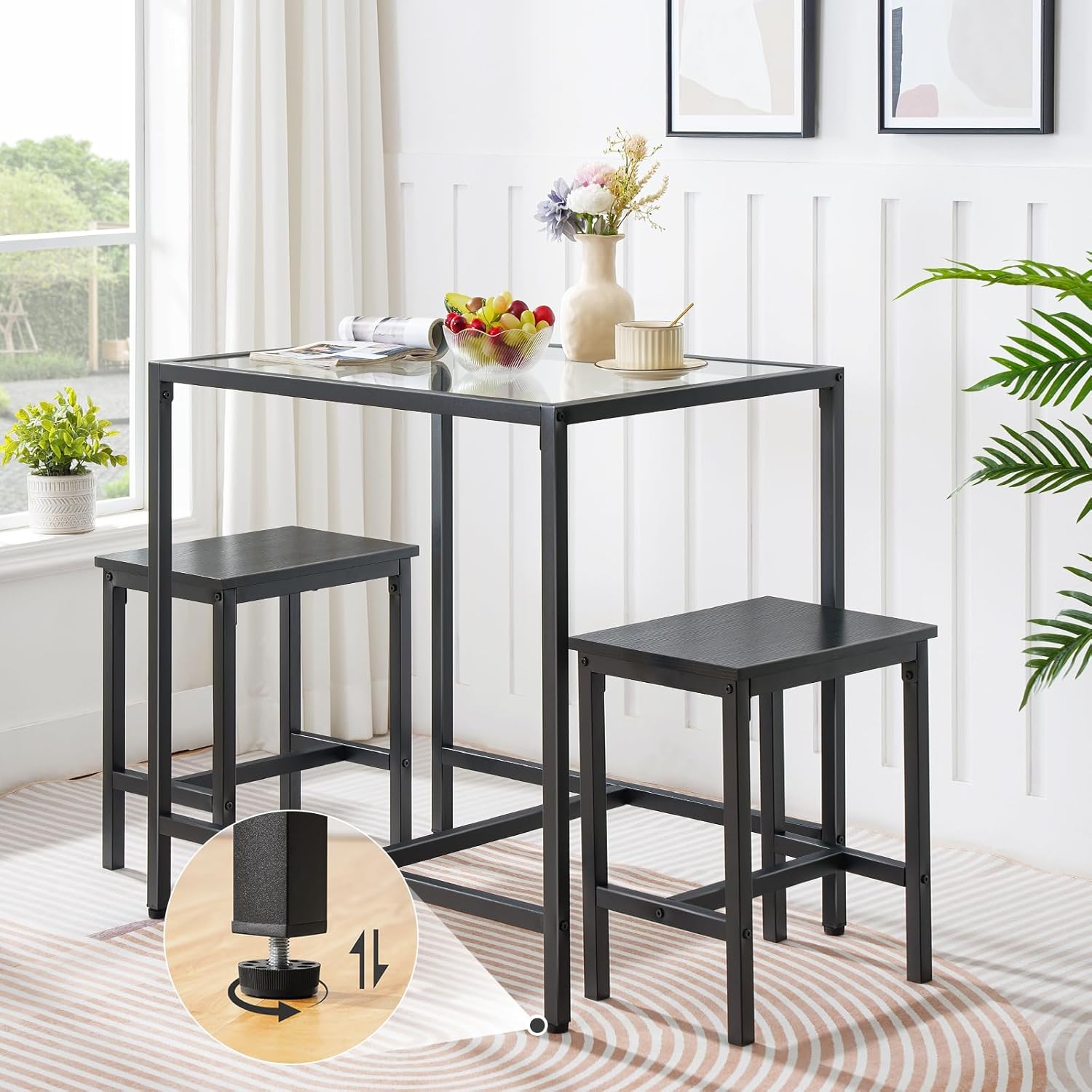 HOOBRO Mordern Dining Table Set, Glass Dining Room Table Set for Small Spaces, Kitchen Table and Chairs for 3 Table with Chairs Home Furniture Rectangular, Black BK80CZ01 - Image 4