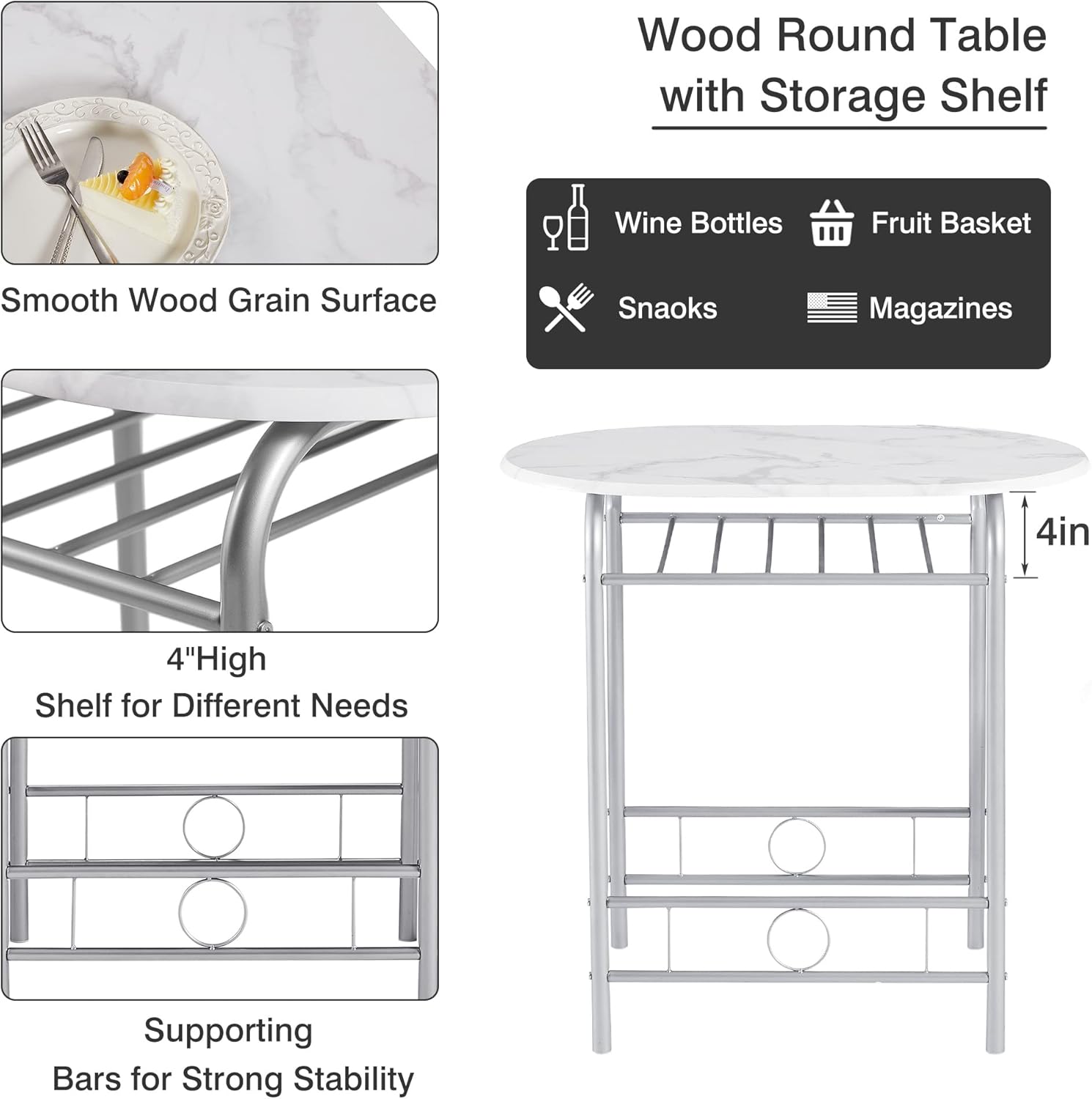 VECELO 3-Piece Dining Table Set for Kitchen Breakfast Nook, Wood Grain Oval Tabletop and Metal Frame with Built-in Wine Rack, for Small Spaces, 31.5", White & Silver - Image 5