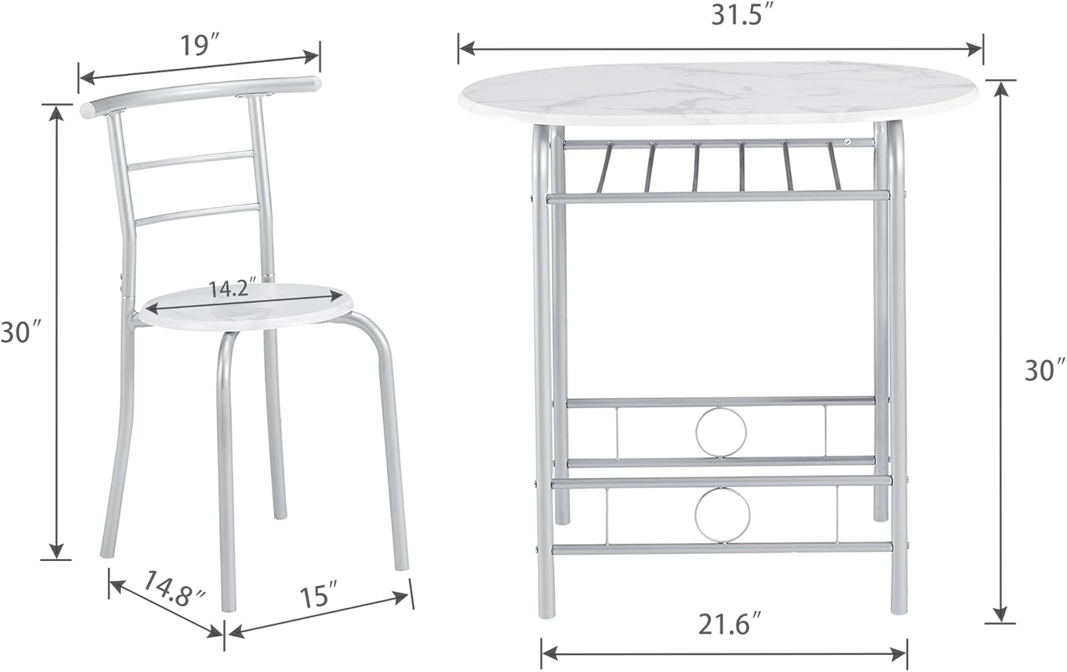 VECELO 3-Piece Dining Table Set for Kitchen Breakfast Nook, Wood Grain Oval Tabletop and Metal Frame with Built-in Wine Rack, for Small Spaces, 31.5", White & Silver - Image 6
