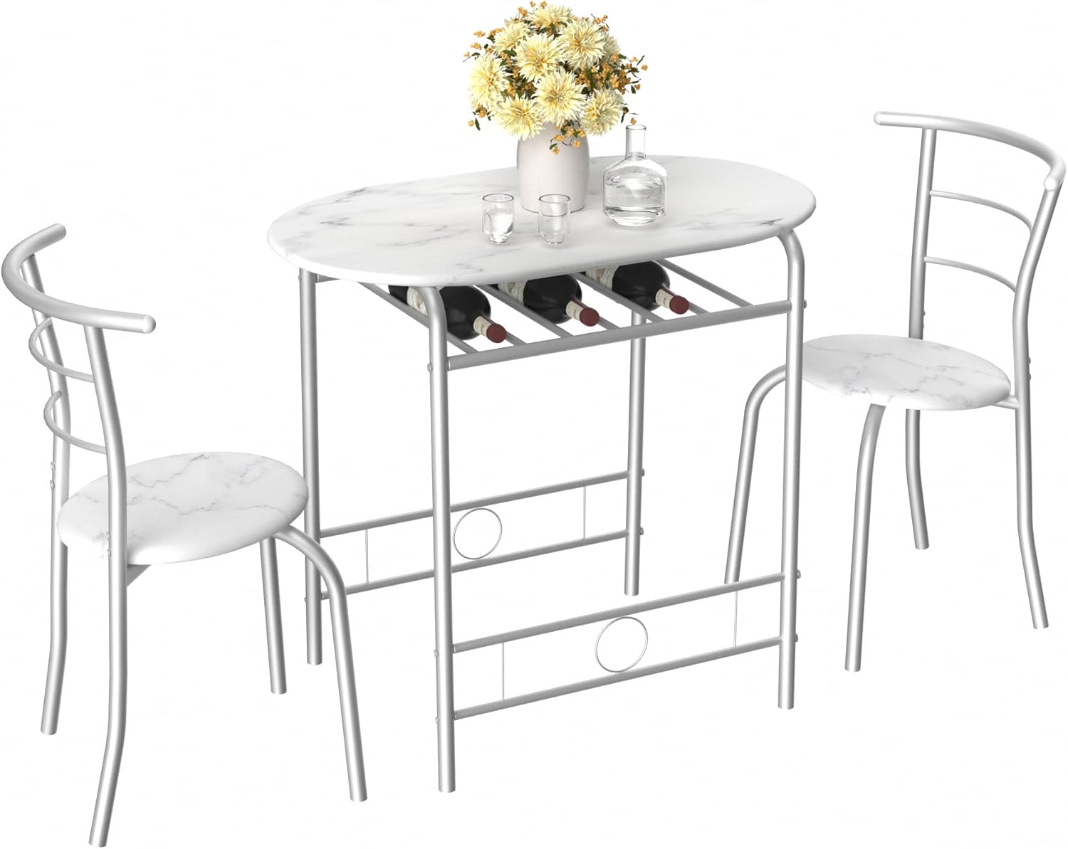 VECELO 3-Piece Dining Table Set for Kitchen Breakfast Nook, Wood Grain Oval Tabletop and Metal Frame with Built-in Wine Rack, for Small Spaces, 31.5", White & Silver - Image 9