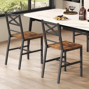 Dining Chair Set of 2, Rustic Wooden Kitchen Chairs with Backrest, Farmhouse Dining Chairs for Kitchen, Industrial Style Chair with Metal Frame, Easy Assembly, Rustic Brown TBHR1001