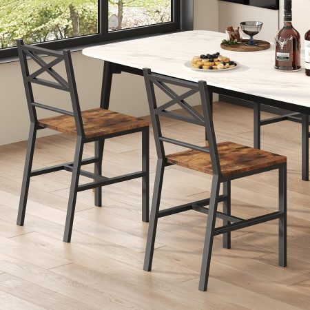 Dining Chair Set of 2, Rustic Wooden Kitchen Chairs with Backrest, Farmhouse Dining Chairs for Kitchen, Industrial Style Chair with Metal Frame, Easy Assembly, Rustic Brown TBHR1001
