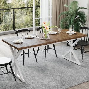 Farmhouse Dining Table for 6-8 People, 70.8 Inch Rectangular Wood Dining Table, Rustic Kitchen Table with Extra Heavy Duty Metal Legs for Dining Room - Rustic Oak/White