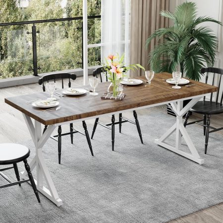 Farmhouse Dining Table for 6-8 People, 70.8 Inch Rectangular Wood Dining Table, Rustic Kitchen Table with Extra Heavy Duty Metal Legs for Dining Room - Rustic Oak/White