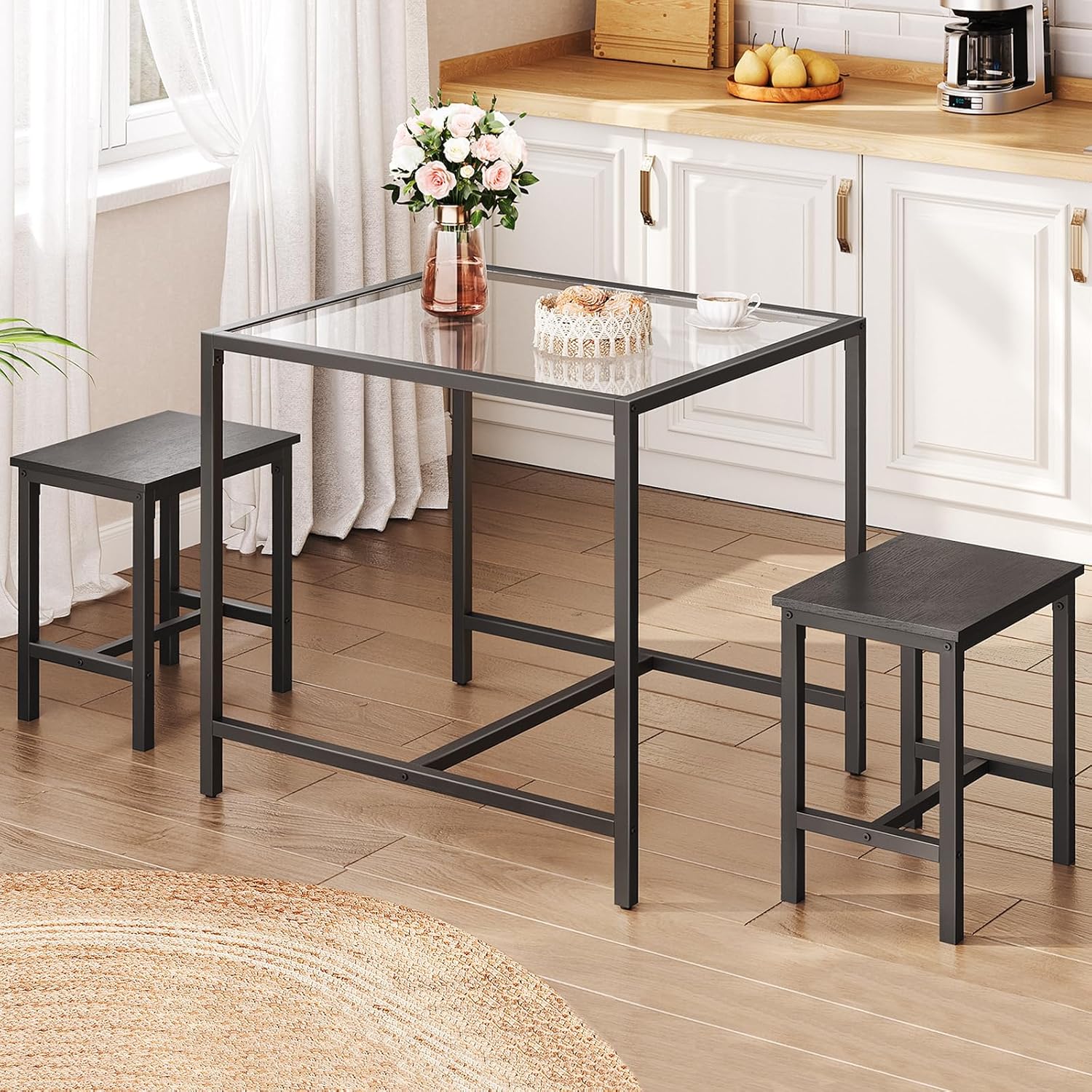 HOOBRO Mordern Dining Table Set, Glass Dining Room Table Set for Small Spaces, Kitchen Table and Chairs for 3 Table with Chairs Home Furniture Rectangular, Black BK80CZ01 - Image 2
