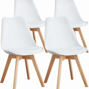 OLIXIS Set of 4 Dining Kitchen Mid-Century Modern Chairs with Wood Legs and PU Leather Cushion for Living Room Bedroom Outdoor Lounge, White