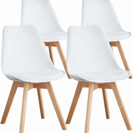 OLIXIS Set of 4 Dining Kitchen Mid-Century Modern Chairs with Wood Legs and PU Leather Cushion for Living Room Bedroom Outdoor Lounge, White