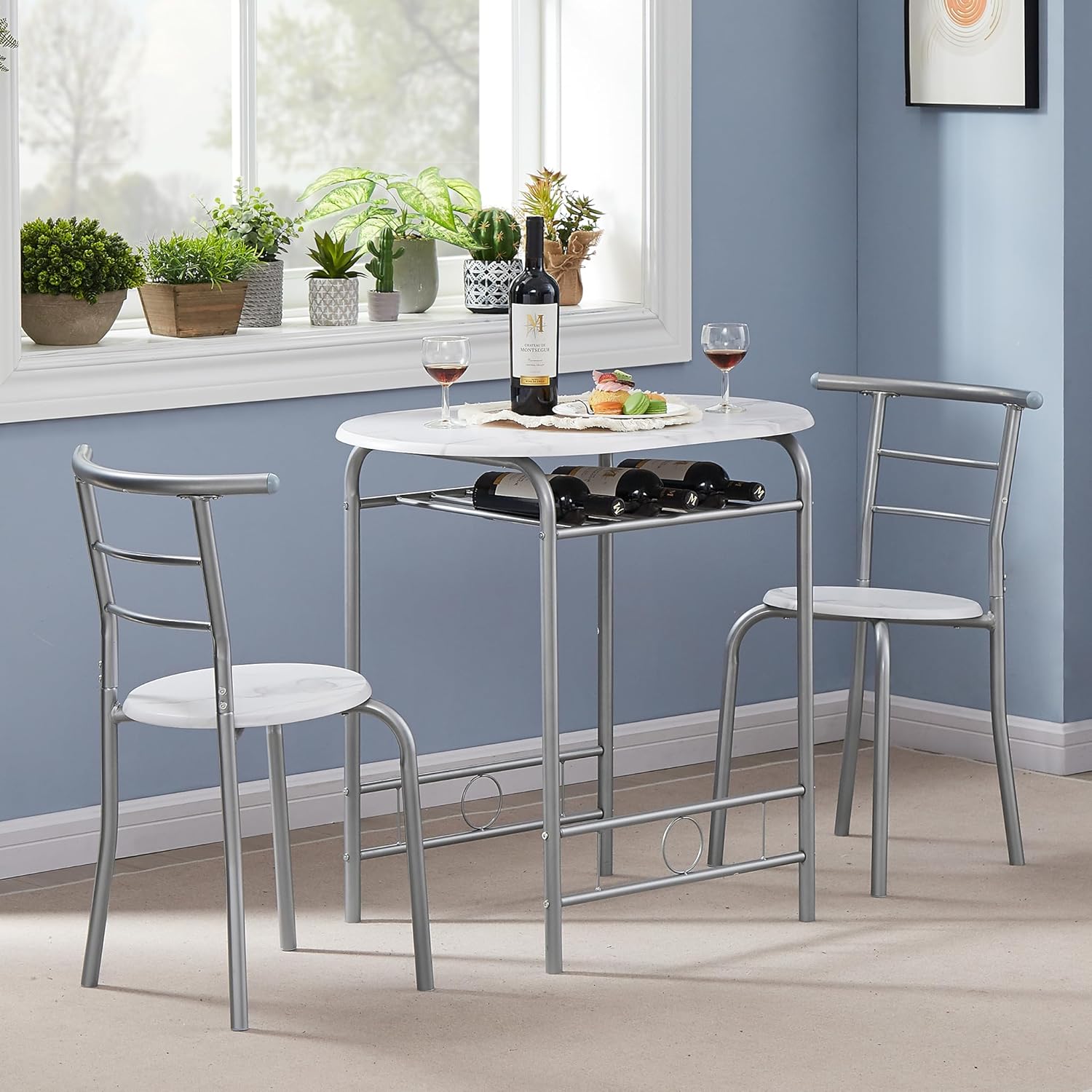 VECELO 3-Piece Dining Table Set for Kitchen Breakfast Nook, Wood Grain Oval Tabletop and Metal Frame with Built-in Wine Rack, for Small Spaces, 31.5", White & Silver - Image 2
