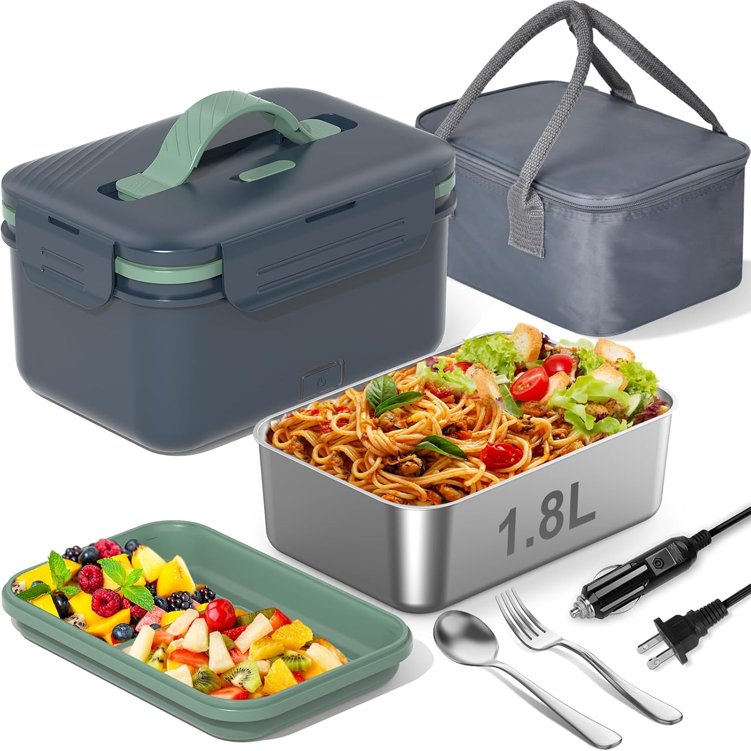 Electric Heated Lunch Box for Car, Truck, Home – 1.8L 100W Portable Food Warmer with 12V/24V/110V/220V Plug – Stainless Steel Leakproof Container – Hot Meal Solution for Work, Travel, Jobsite, Camping