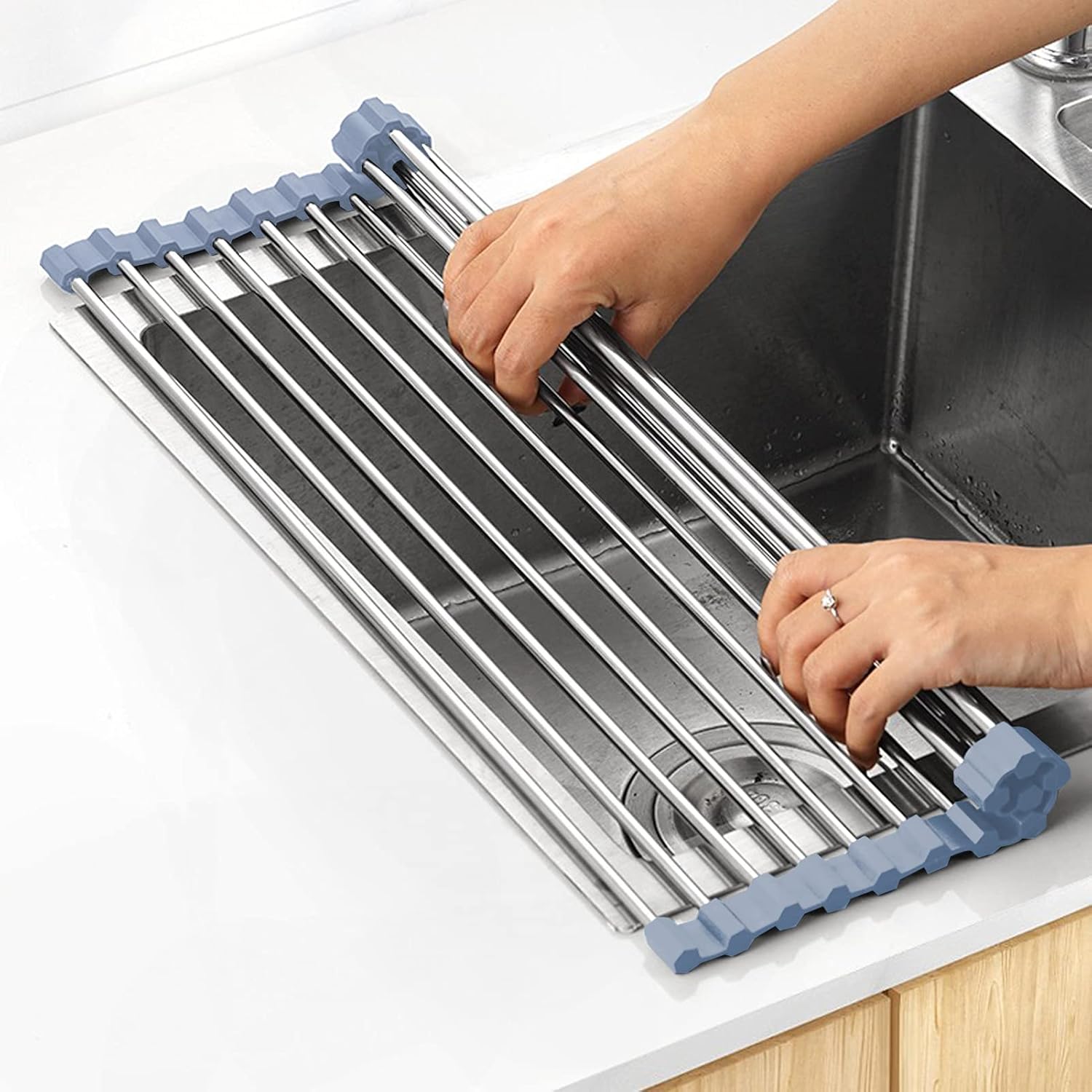Over The Sink Dish Drying Rack, Roll Up Dish Drying Rack Kitchen Dish Rack Stainless Steel Sink Drying Rack, Foldable Dish Drainer, Gray (20.4”x13.7”)